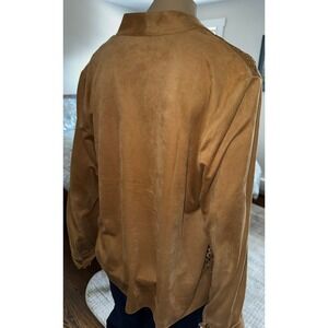 Chicos Faux Suede Laser Cut Perforated Open Front Jacket Tan Camel Size 3 XL